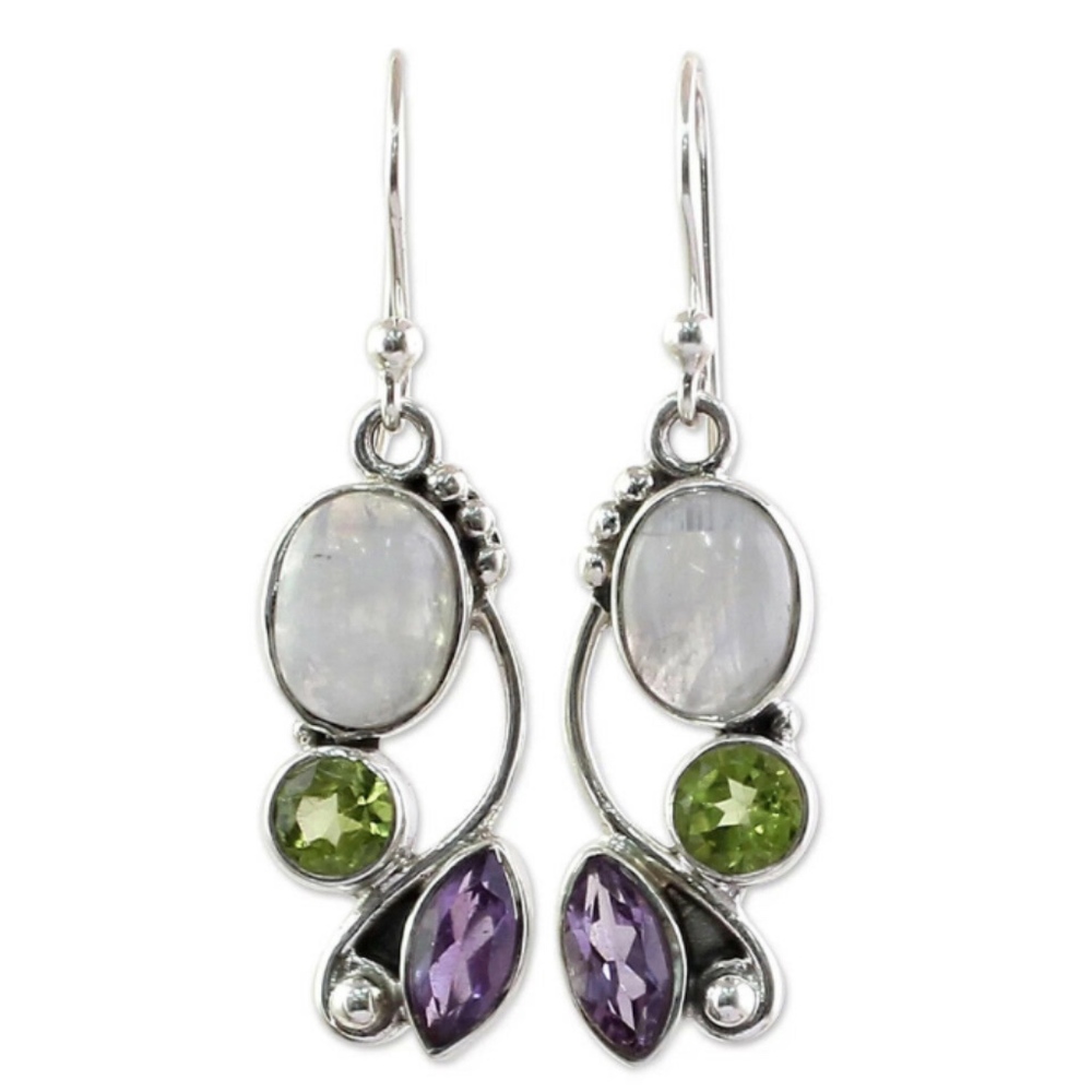 Moonstone Peridot Amethyst Chakra Drop Earrings - Picture 2 of 3